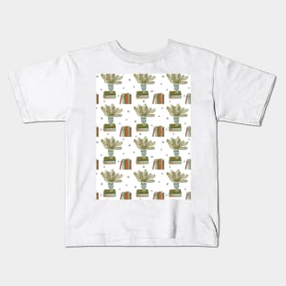 Pattern with book stacks and houseplant Kids T-Shirt